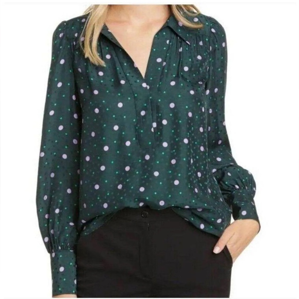 NEW KATE SPADE Pine Forest Green Silk Blend Pop Dots Long Sleeve Blouse XXL